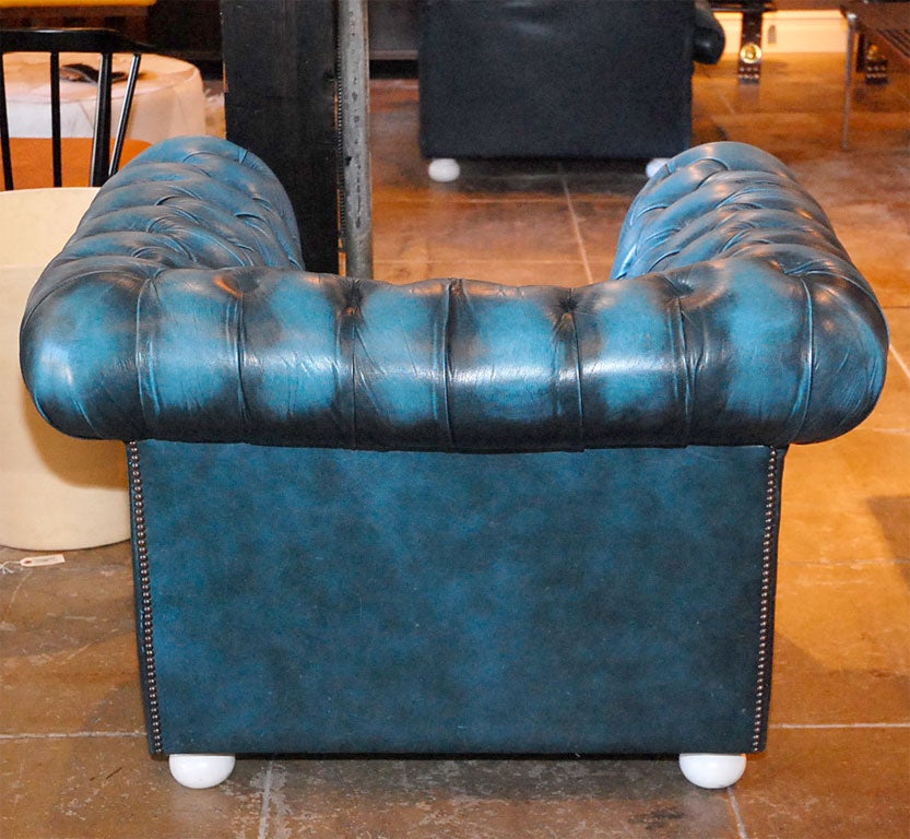 Pair Blue Leather Chesterfield Chairs 2