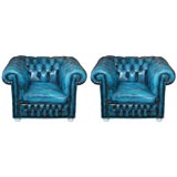Pair Blue Leather Chesterfield Chairs