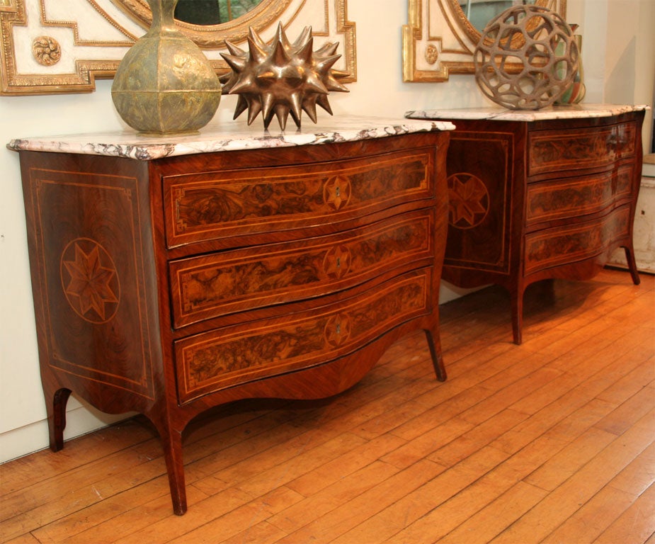 A Pair of Neapolitan Parquetry Walnut Three Drawer Commodes