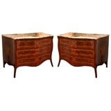 A Pair of Neapolitan Parquetry Walnut Three Drawer Commodes