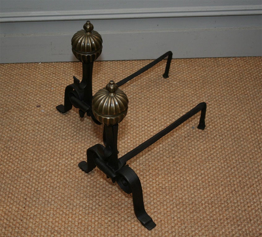 Fine Pair of Baroque Bronze and Wrought Iron Andirons