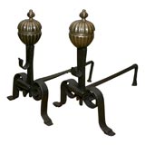 Antique Fine Pair of Baroque Bronze and Wrought Iron Andirons