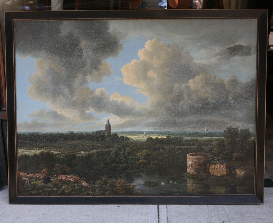 This large and impressive painting is from the mid 19th century and has a very decorative quality that can be used in a very formal room or a more restrained counrty house setting.The land scape section of the painting showing a number of buildings