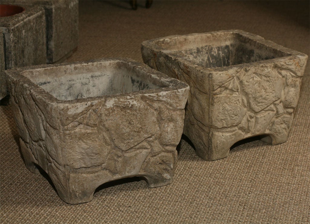 Pair of square cement molded urns For Sale at 1stdibs