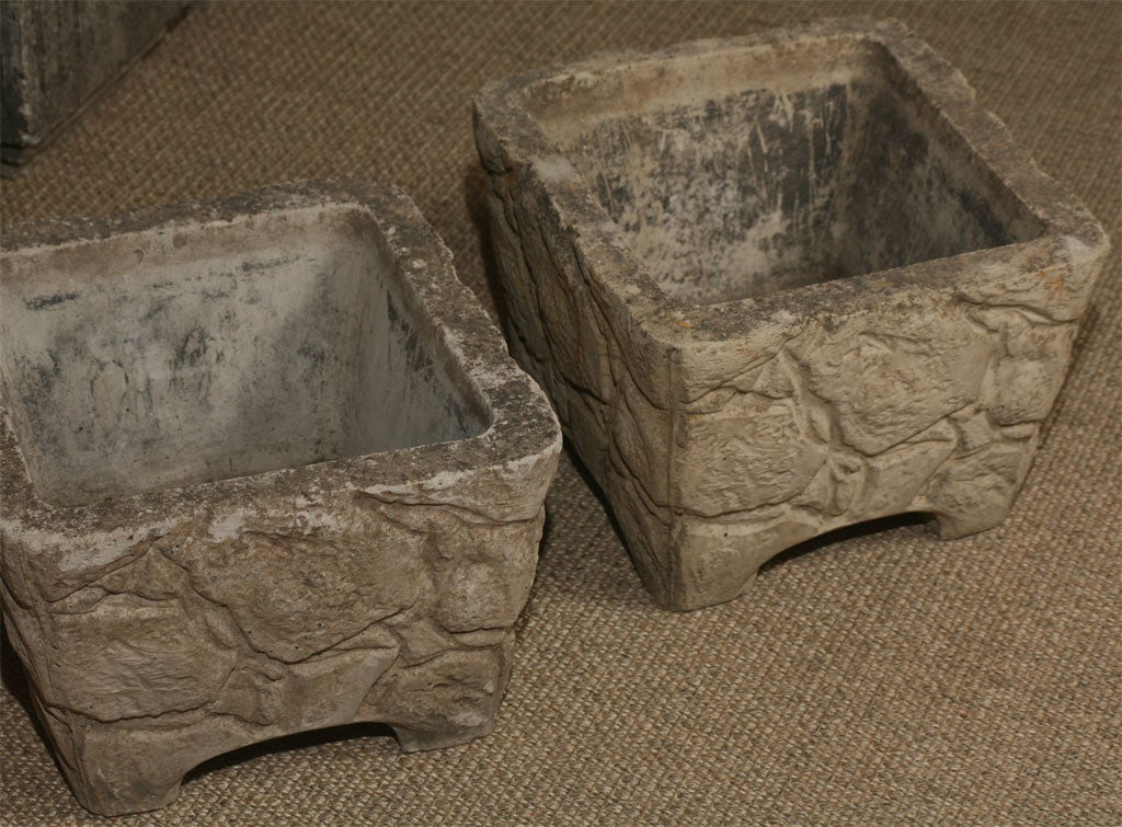 Pair of square cement molded urns For Sale at 1stdibs