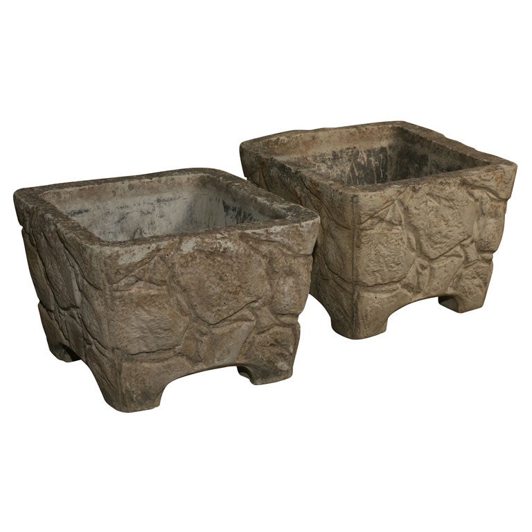 Pair of square cement molded urns For Sale
