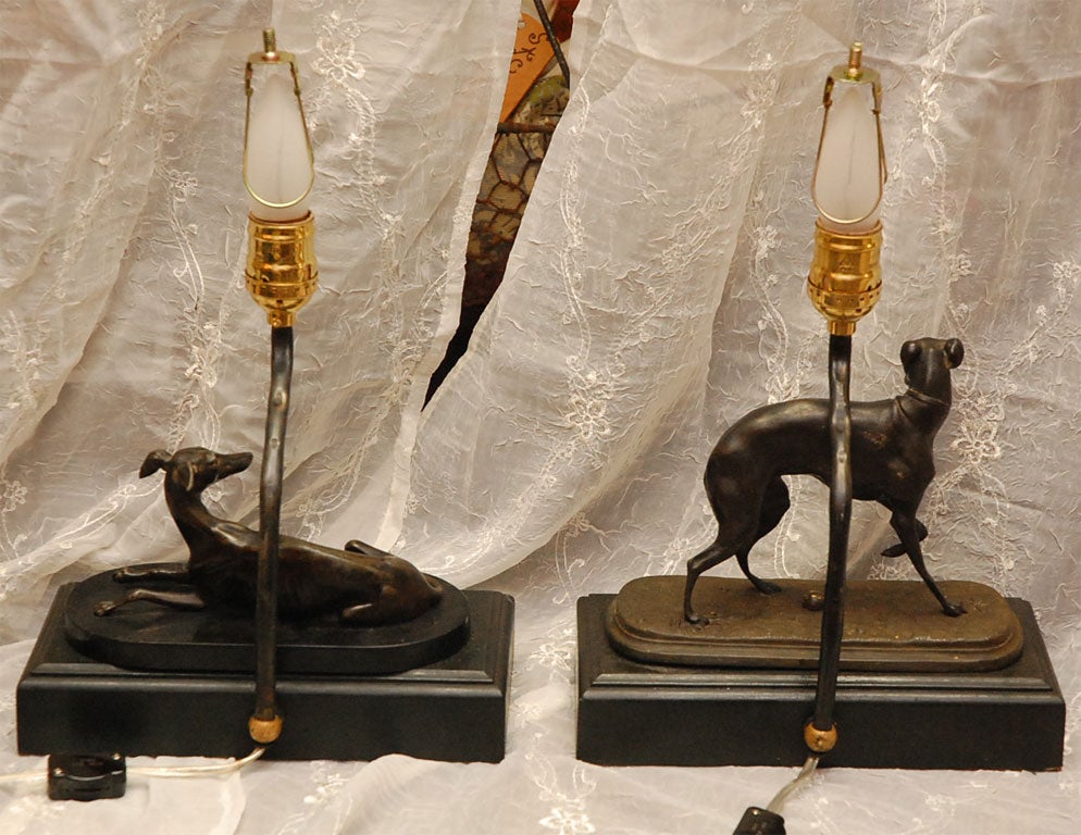 Pair of French  Bronze Greyhound Dog Lamps 1