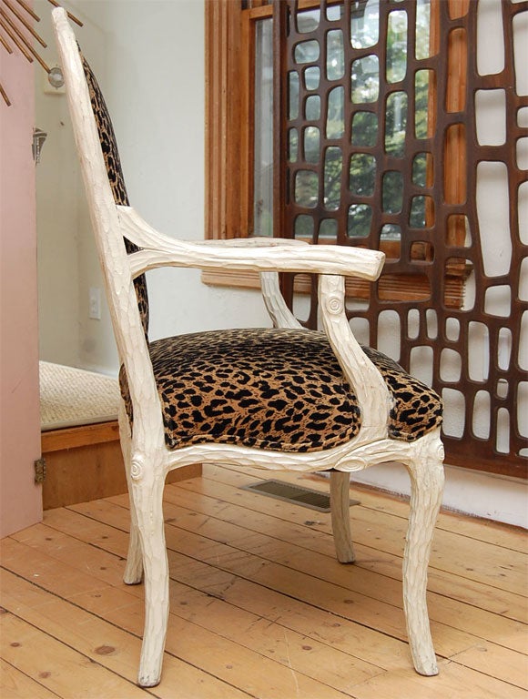 Wood Faux-bois Leopard Fabric Arm Chairs
