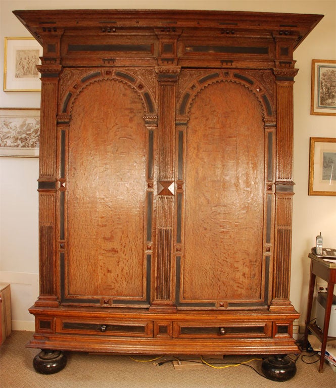 The cupboard doors opening to reveal three oak and ebony wood shelves, the lower section with two drawers, the sides paneled with similarly carved pilasters and neoclassical motifs to the front.