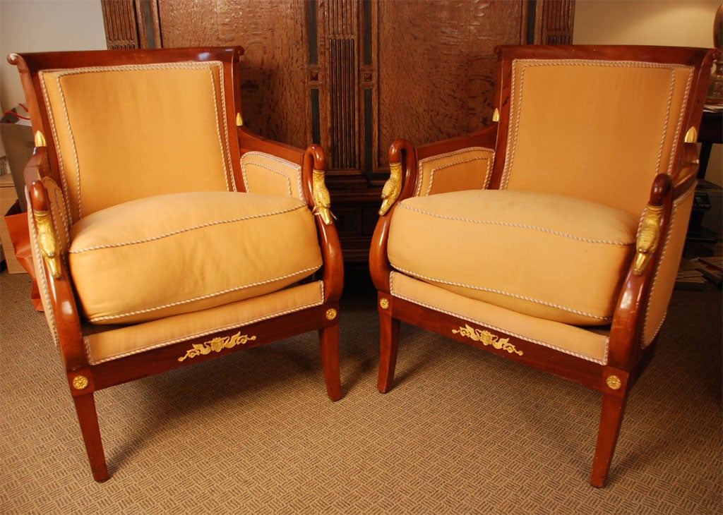 Pair of Empire Gilt Bronze Mounted Mahogany Bergeres