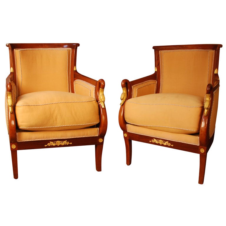 Pair of Empire Gilt Bronze Mounted Mahogany Bergeres at 1stDibs