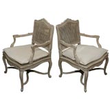 Vintage Pair of Caned Louis XV Style Painted Fauteuil