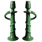 Antique Pair of Pottery Snake Candlesticks from Belgium