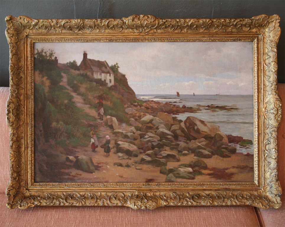 Lady Palmer's Cottage, Runswick Bay in Yorkshire
painted by Charles H. Wood,
British (1894-1927)
Oil on canvas, professionally cleaned,
Signed.
Ornamental original gilt frame
with a brass tag attached.
     