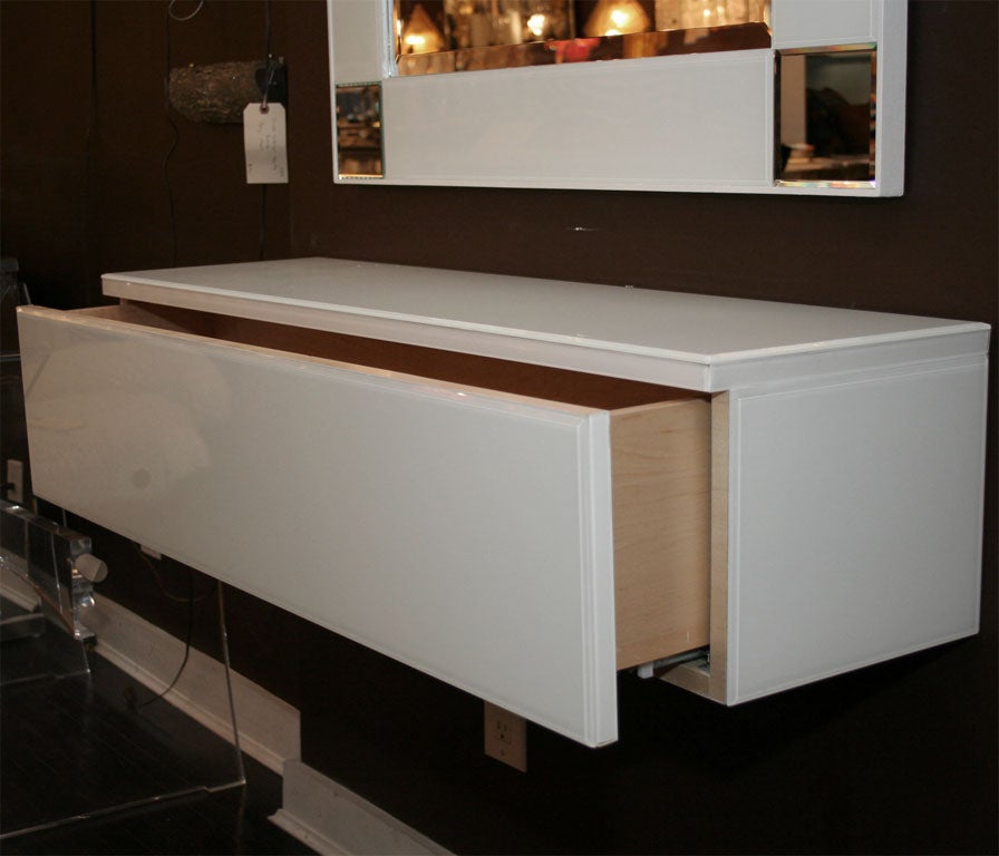 Modern White Reverse Painted Glass Wall Mount Sideboard For Sale