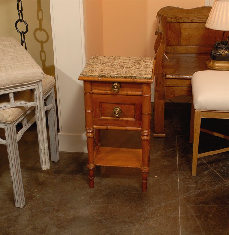 Pair of English 19th Century Stone Top Faux Bamboo, Pine Bedside Tables