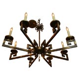 Patinated brass Greek key motif chandelier
