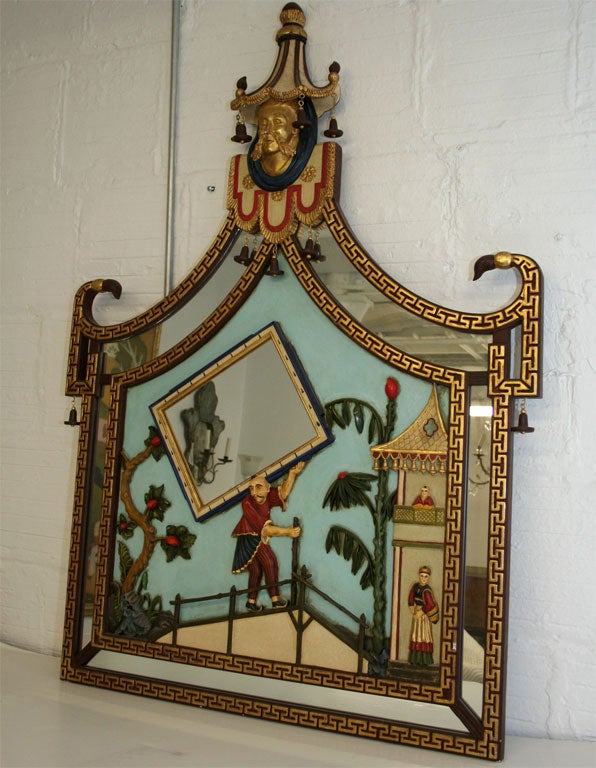 Chinese polychrome painted over-mantle mirror For Sale 1