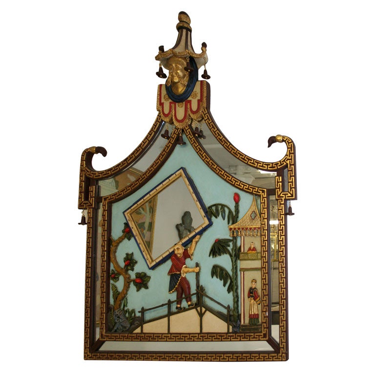 Chinese polychrome painted over-mantle mirror For Sale