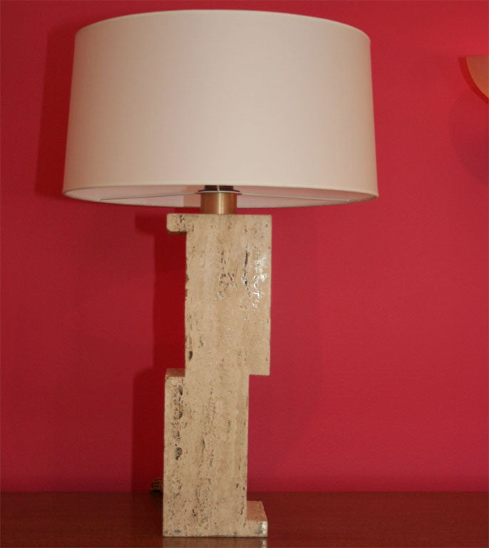 Our new lamps, carved by hand of solid travertine marble by a local marble craftsman.

We have one pair available, other size possible by custom order.