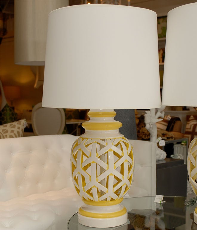 Mid-20th Century Pair of Yellow Lattice Lamps