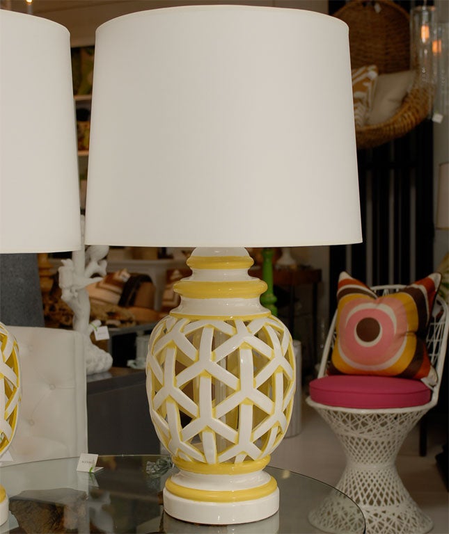 Ceramic Pair of Yellow Lattice Lamps