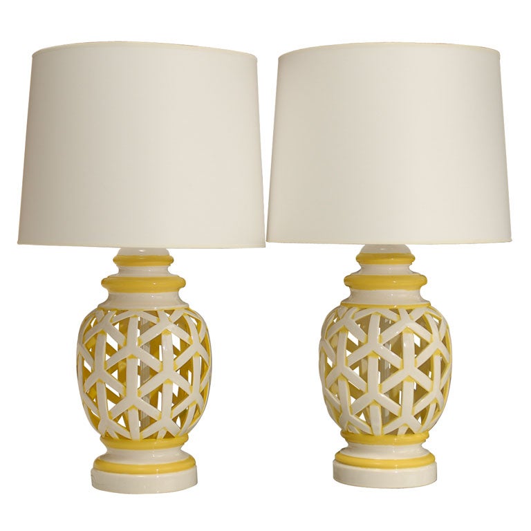 Pair of Yellow Lattice Lamps