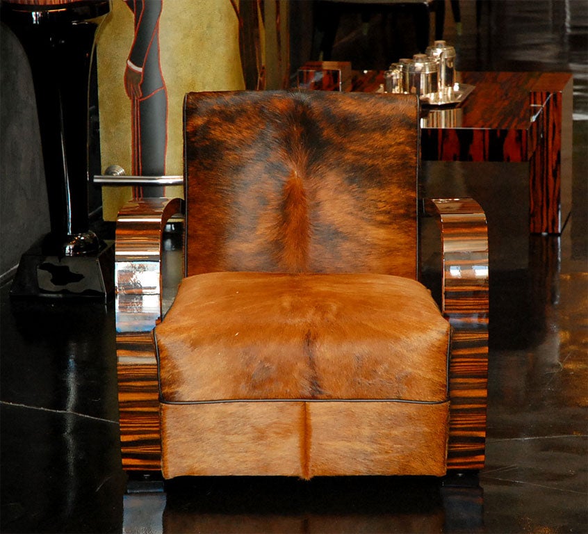 American Pair of Macassar Ebony and Cow Hide Salon Chairs For Sale