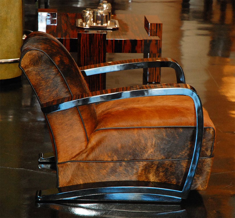 Contemporary Pair of Macassar Ebony and Cow Hide Salon Chairs For Sale