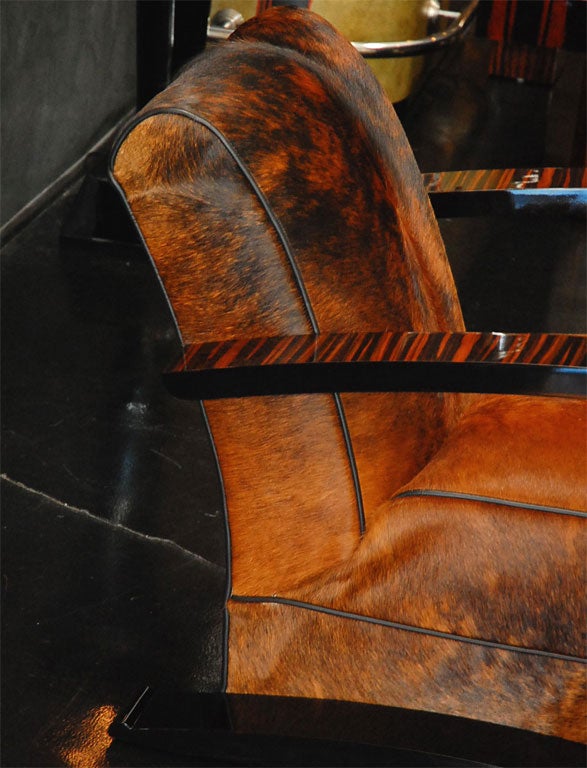 Lacquer Pair of Macassar Ebony and Cow Hide Salon Chairs For Sale