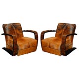 Pair of Macassar Ebony and Cow Hide Salon Chairs