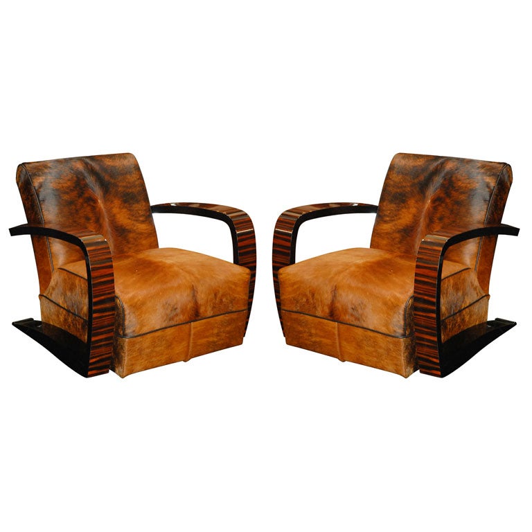 Pair of Macassar Ebony and Cow Hide Salon Chairs For Sale