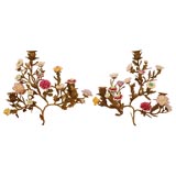PAIR OF ITALIAN BRASS SCONCES with PORCELAIN FLOWERS