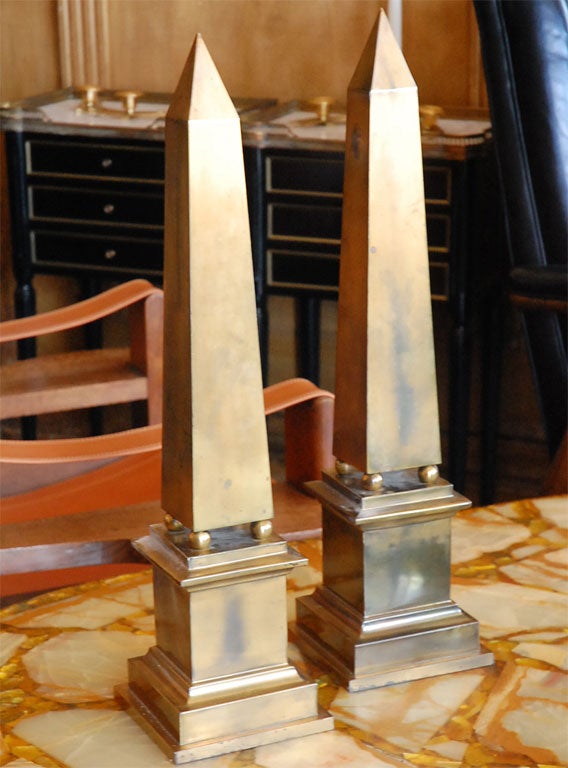 Pair of large 50's Italian patinated brass obelisks