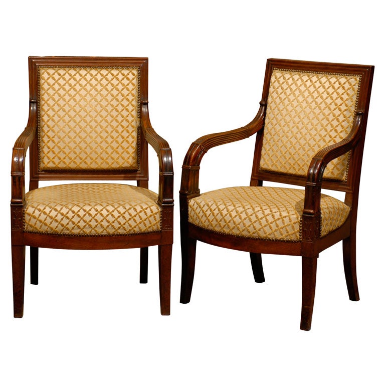 Pair of Empire Period Mahogany Fauteuils, France ca. 1810-20