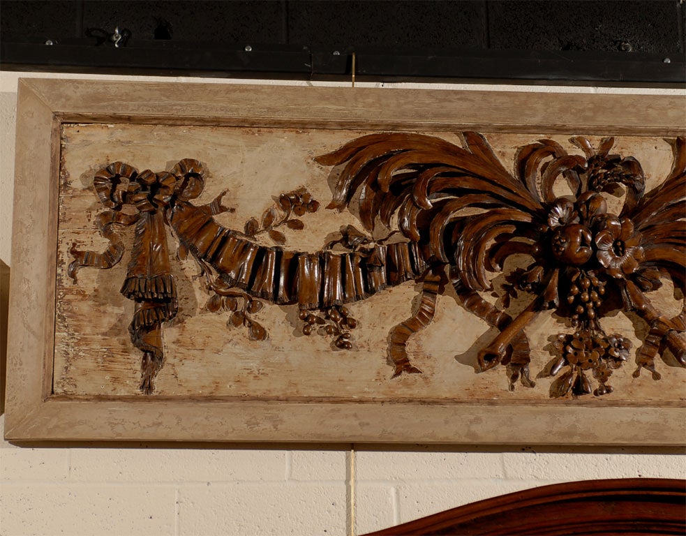 American Early 20th Century Carved Walnut Overdoor with Plumes & Fruit by 