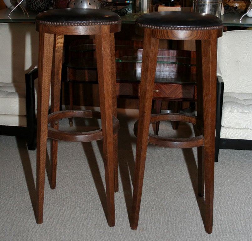 Set of Five Wooden Bar Stools with Leather Seats, French, 1950's