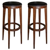 Set of Five Wooden Bar Stools with Leather Seats, French, 1950's