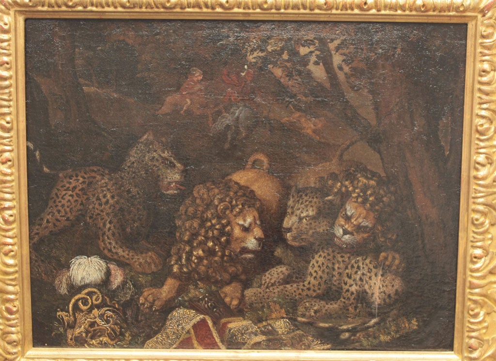 Italian Lion and Leopard Hunt by Angelo Caroselli, (Rome, 1585-1652) For Sale