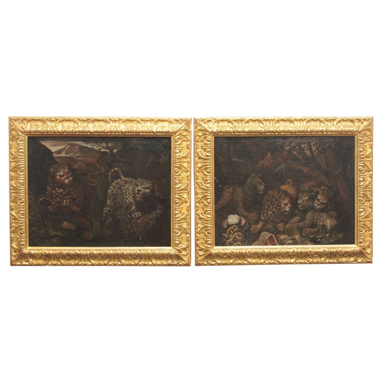 Lion and Leopard Hunt by Angelo Caroselli, (Rome, 1585-1652) For Sale