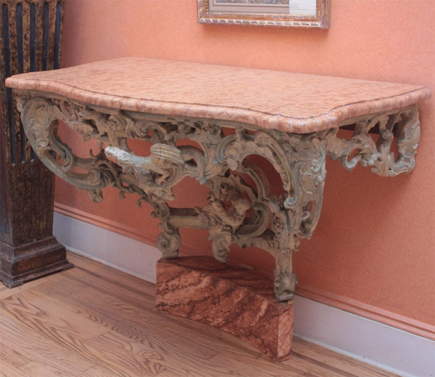 German A painted wood console table with marble top For Sale
