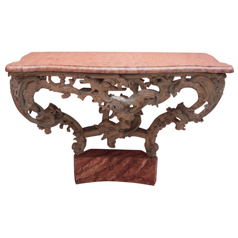 A painted wood console table with marble top For Sale