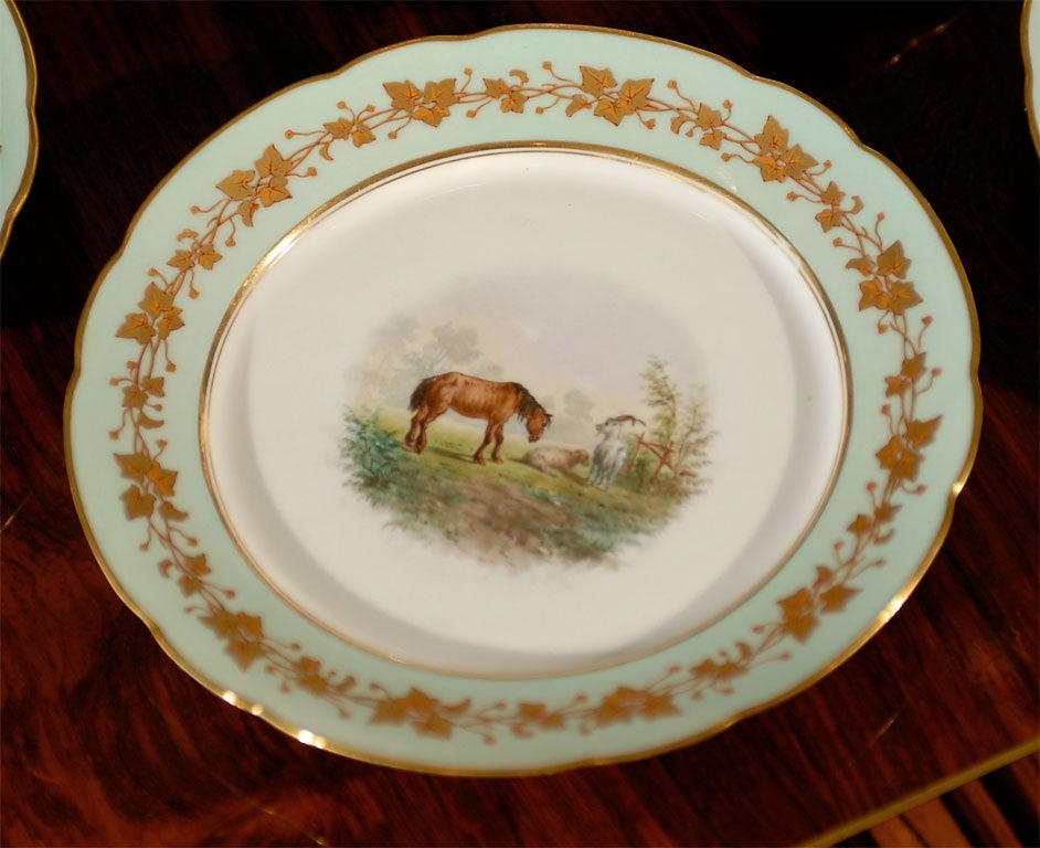 Porcelain Set of 5 Old Paris Plates/ 2 pedestal plates - Pastorale Scene For Sale