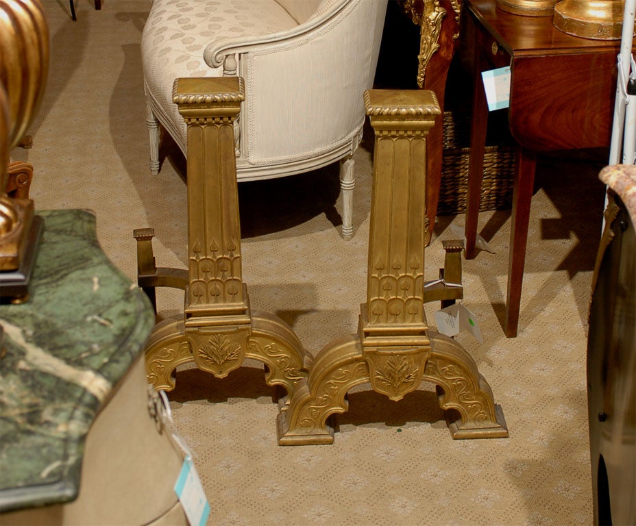 19th-20th century bronze continental andirons, jumbo column.