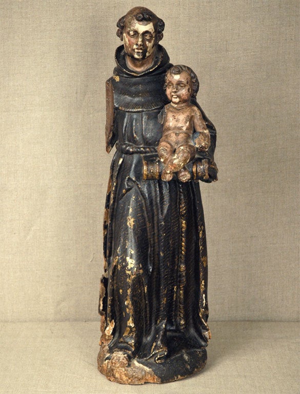 Holzstatue des heiligen Antonius, des Schutzpatrons der Kinder, um 1700 mit dem Christuskind im Arm.