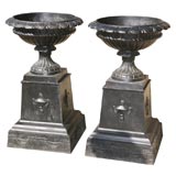 Pair of Vintage Painted Iron Urns on Plinth