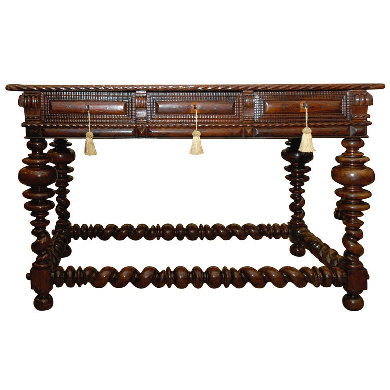 Portuguese Rosewood Table with Three Drawers For Sale