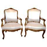 Pair of French Giltwood and Polychrome Louis XV Style Armchairs