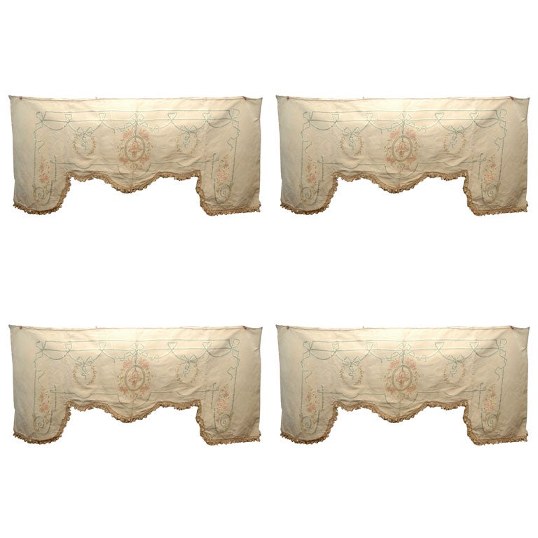 19th Century Set of Four French hand Embroidered Silk Valances For Sale