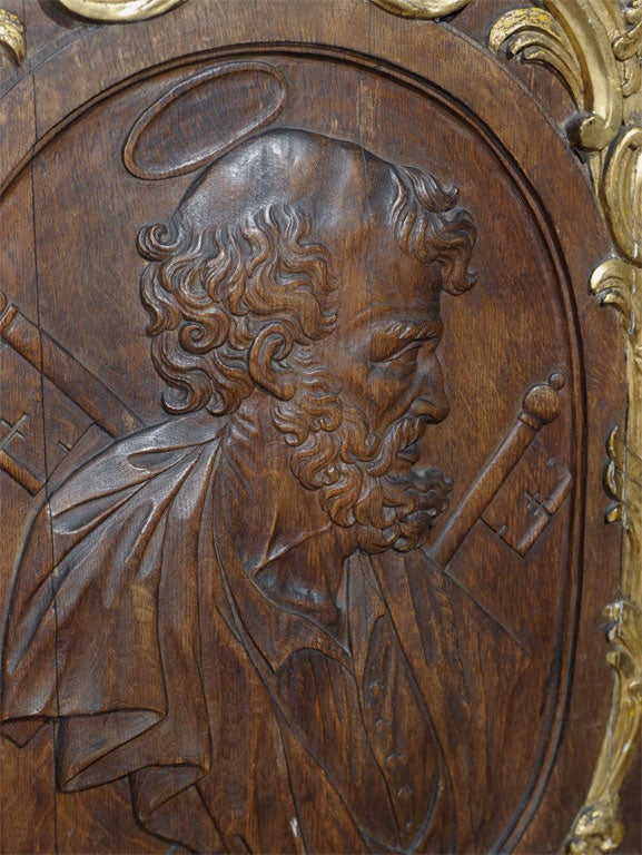 18th Century and Earlier Large Carved Panel of St Peter
